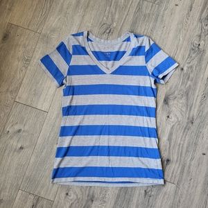 Arizona Jean Company V-Neck Striped T-shirt Blue & Gray {Large}